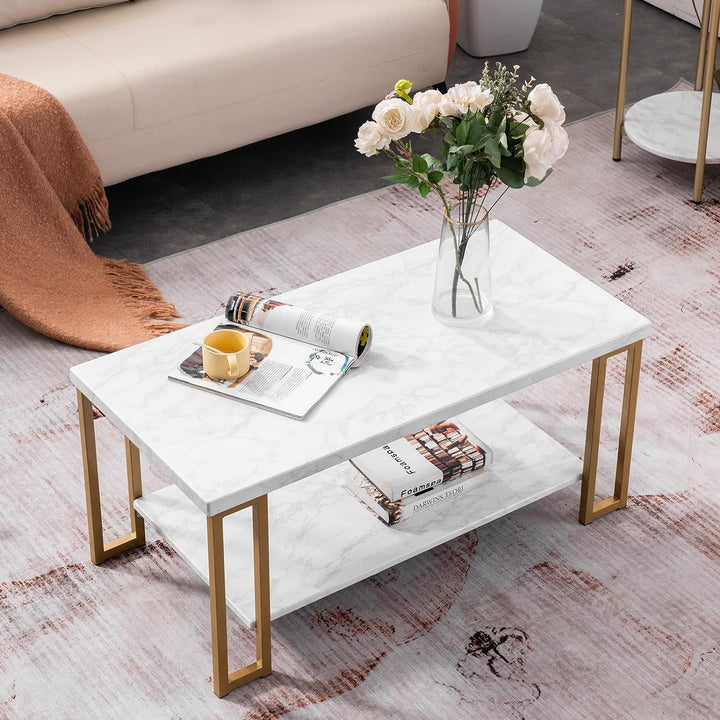 Faux Marble Coffee Table, Modern Gold Rectangular