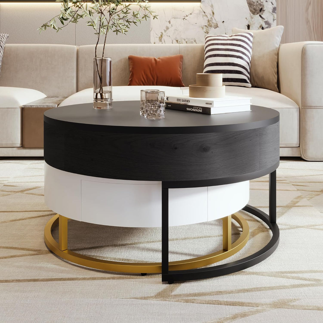 Modern Round Lift-top Nesting Coffee Tables, WhiteBlack