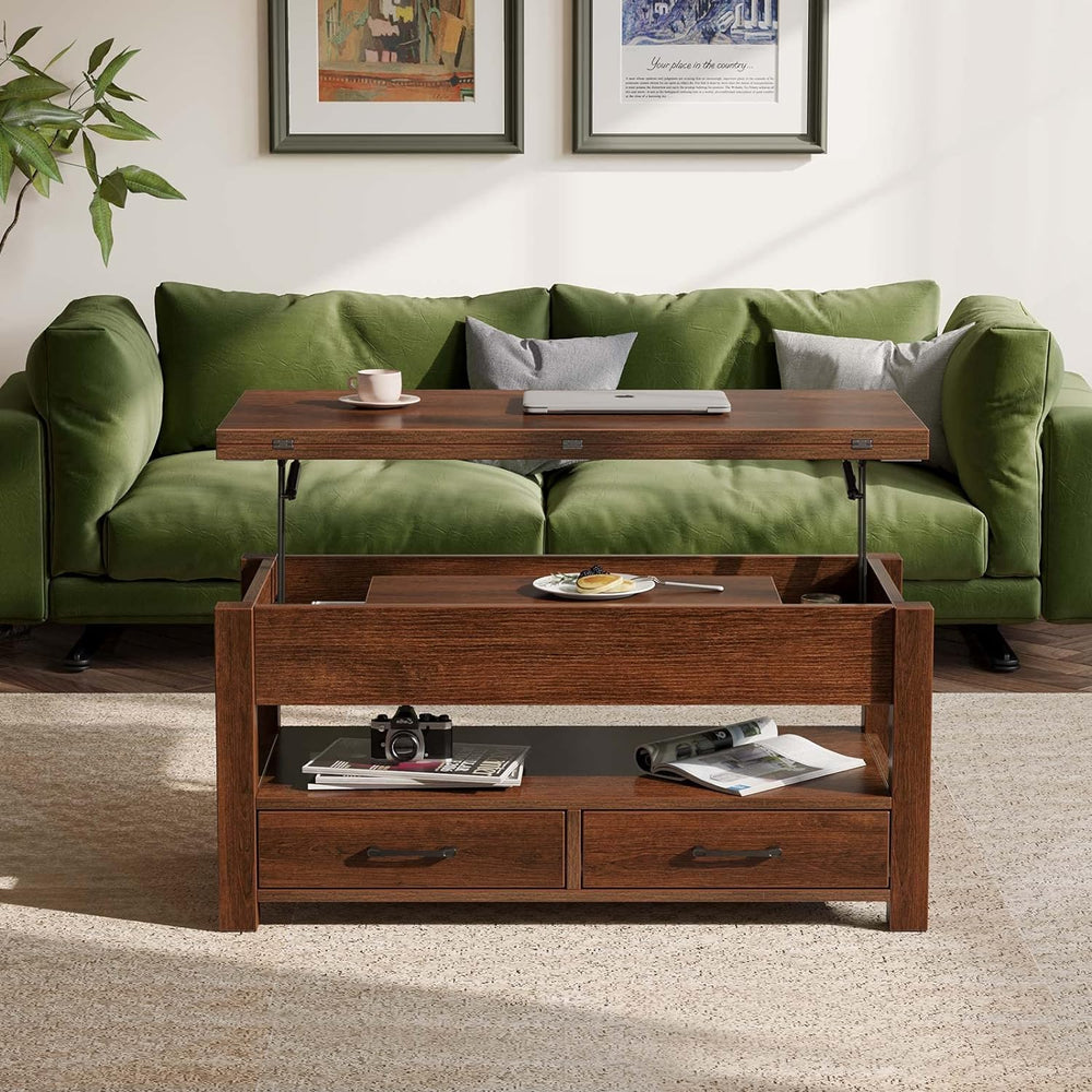 Multifunctional Coffee Table with Lift Top, Drawers, Hidden Compartment, Espresso