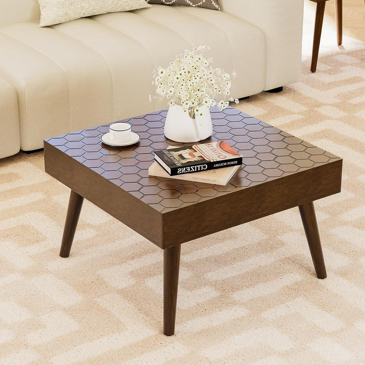 Rustic Farmhouse Square Coffee Table, Honeycomb Pattern MDF Board