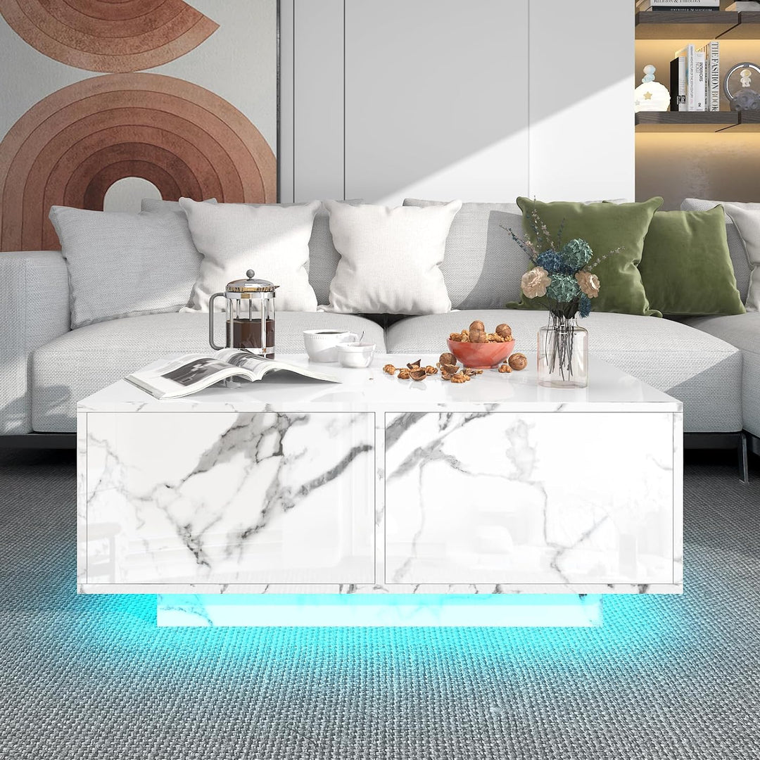 Modern High Gloss Coffee Table with LED Lighting, White Marble