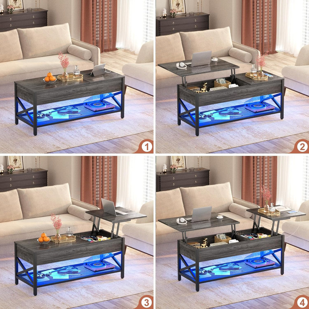 Coffee Table with Lift Top Storage, LED Light, Power Outlet, Black Oak