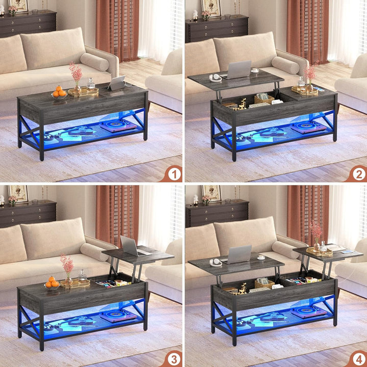 Coffee Table with Lift Top Storage, LED Light, Power Outlet, Black Oak