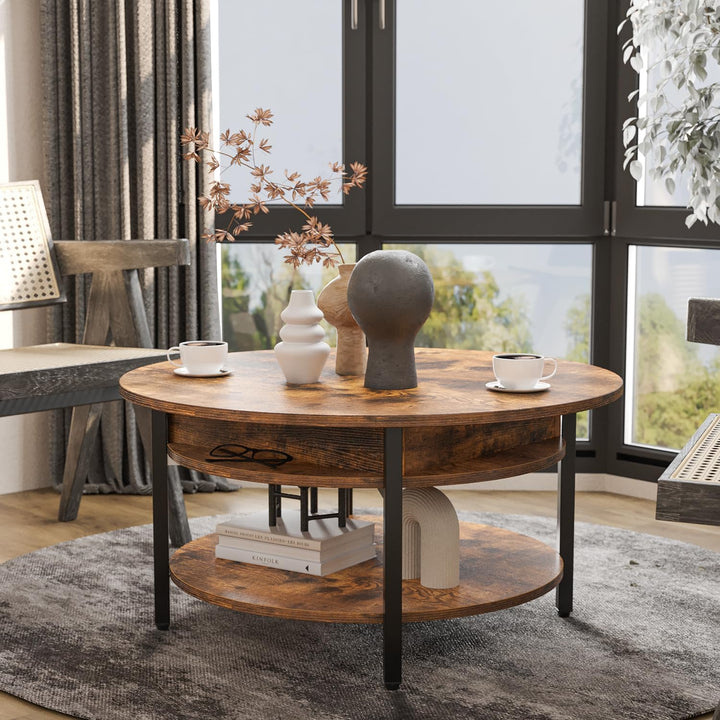 Rustic Brown Round Lift Top Coffee Table with Hidden Storage