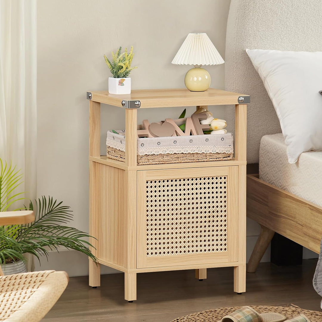 Rattan Nightstand, Boho Side End Table with Handmade Natural Rattan Decorated Door and Open Shelf, Wood Accent Night Stand with Storage, Bedside Tables for Bedroom, Living Room (Natural)