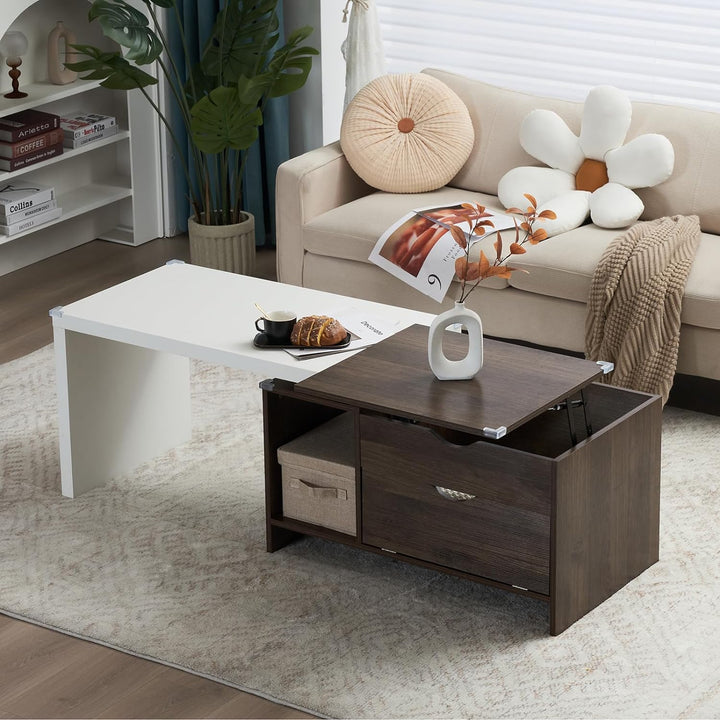 Versatile Extendable Wood Coffee Table with Storage, Walnut & White