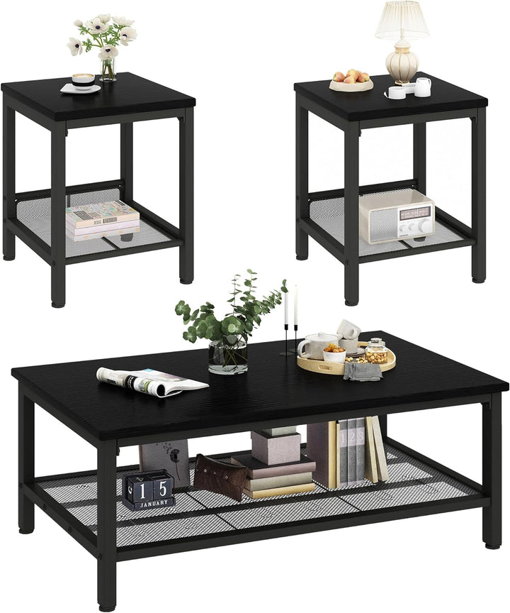 Stylish 3-Piece Coffee Table Set, Industrial Design, Black