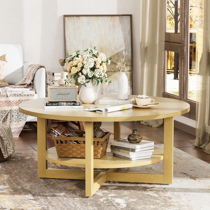 Rustic Farmhouse 2-Tier Wood Coffee Table, Circular Design, Yellow