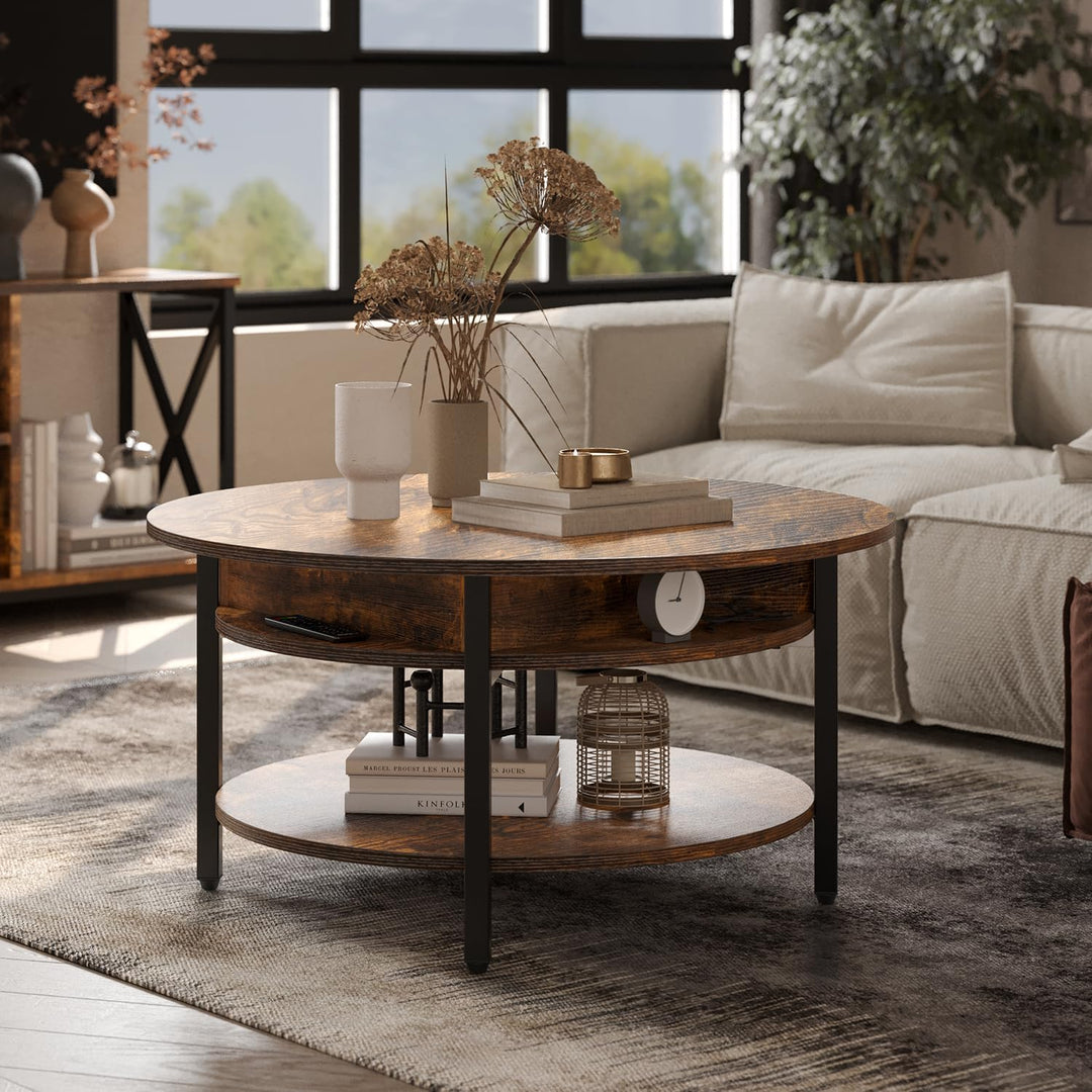 Rustic Brown Round Lift Top Coffee Table with Hidden Storage