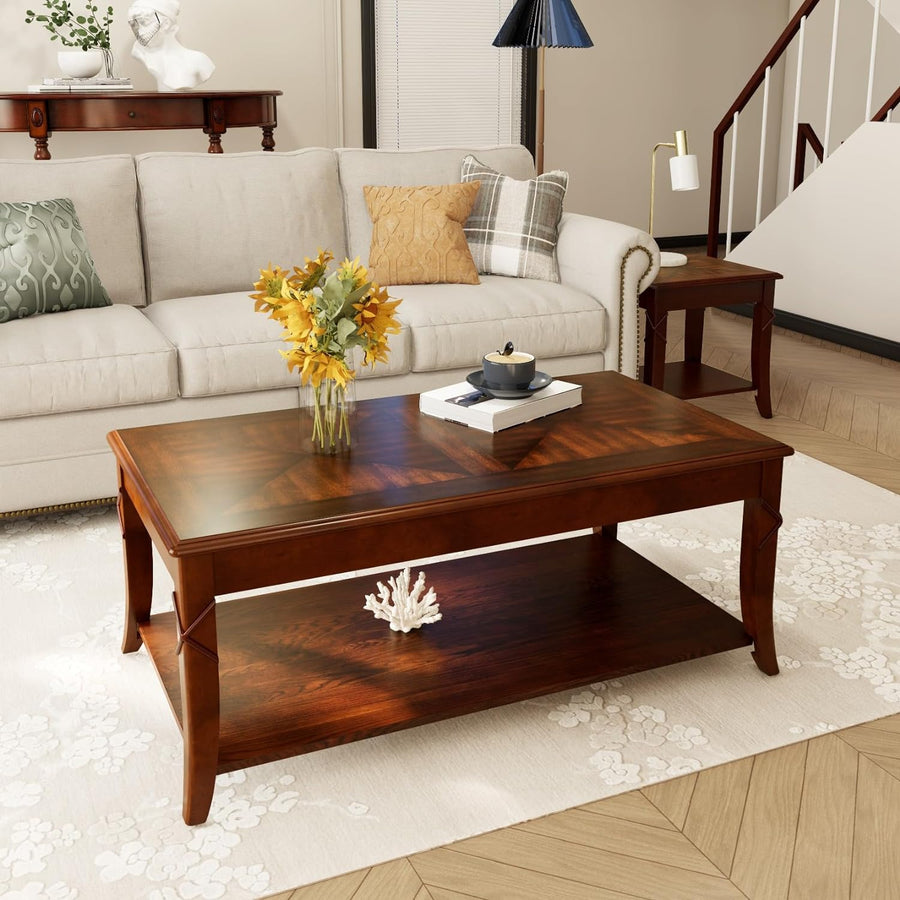 Solid Wood Coffee Table with Storage Shelf, Mid-Century Design, Cherry Brown