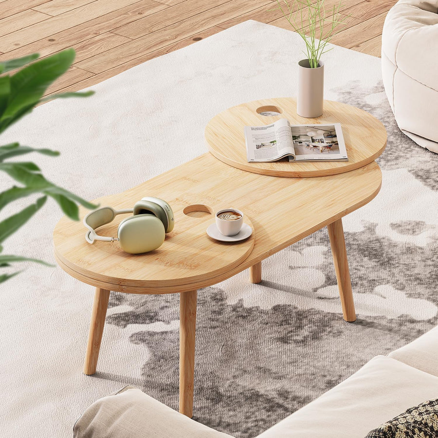 Bamboo Modern Coffee Table, Oval Nesting for Living Room, Natural Bamboo Color 1