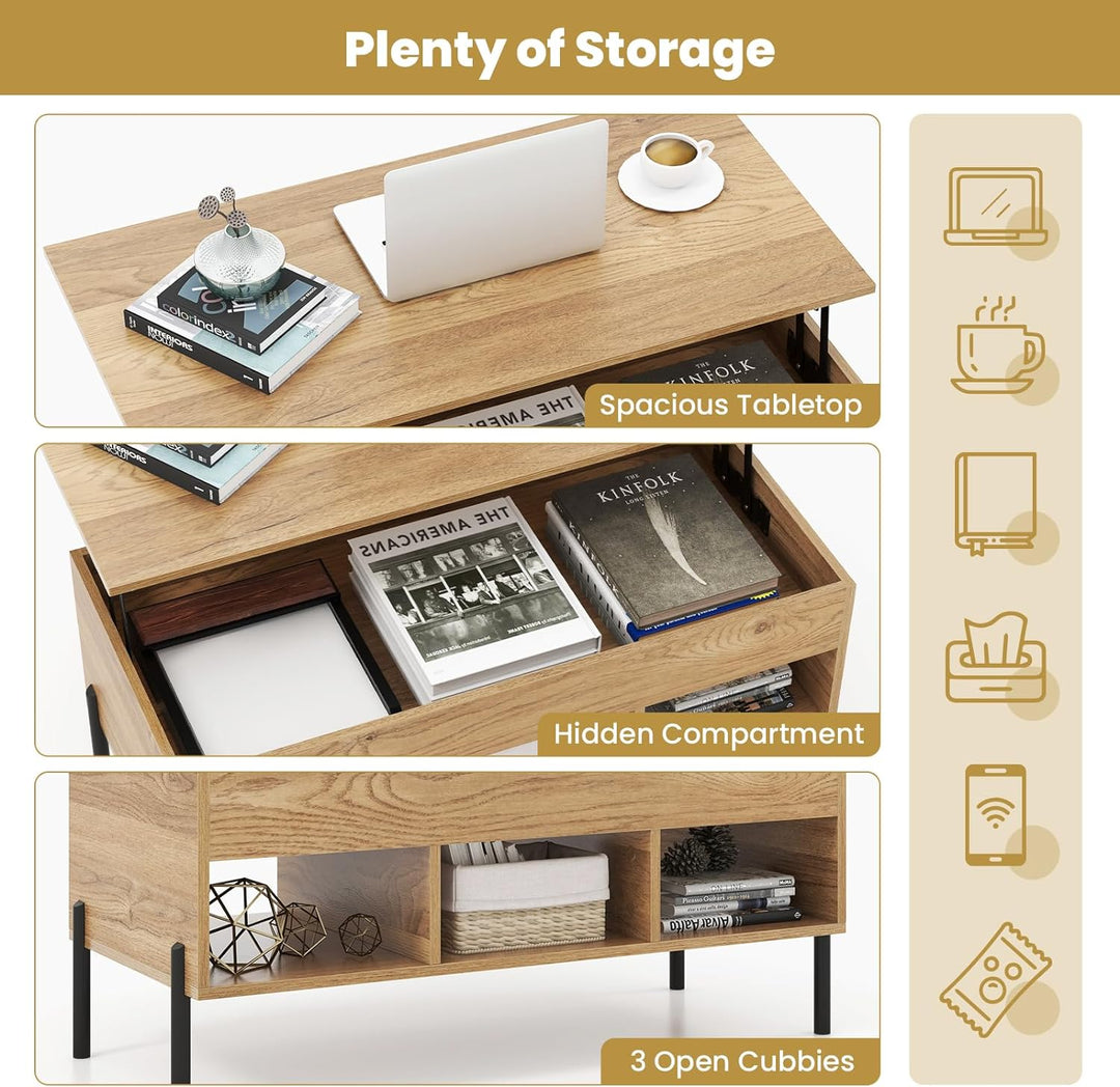 Lift Top Coffee Table with Hidden Compartment, Multifunctional Wood Dining Table, Natural