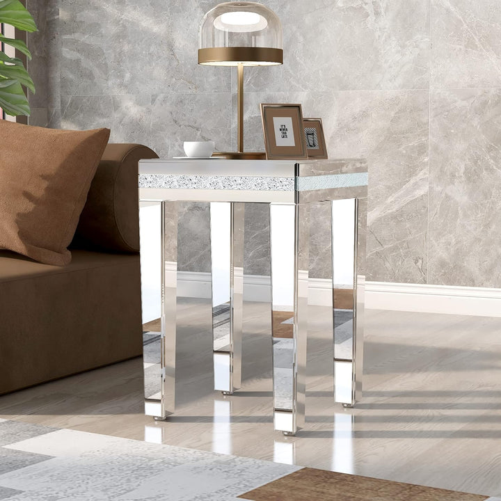 Modern Glass Mirrored Side Table with Crystal Design, Silver