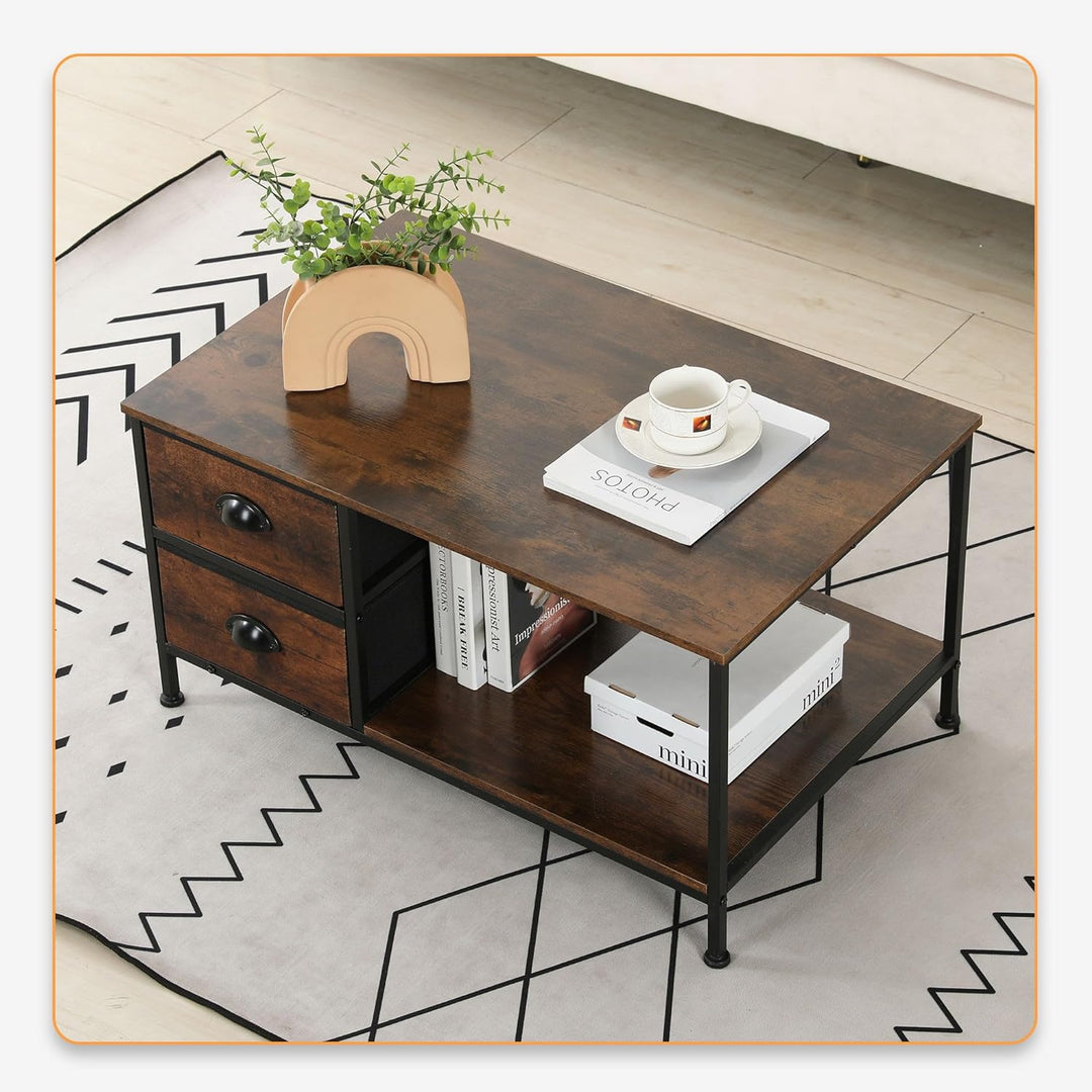 Coffee Table with Storage Drawers, 2-Tier Wood End Table, Brown