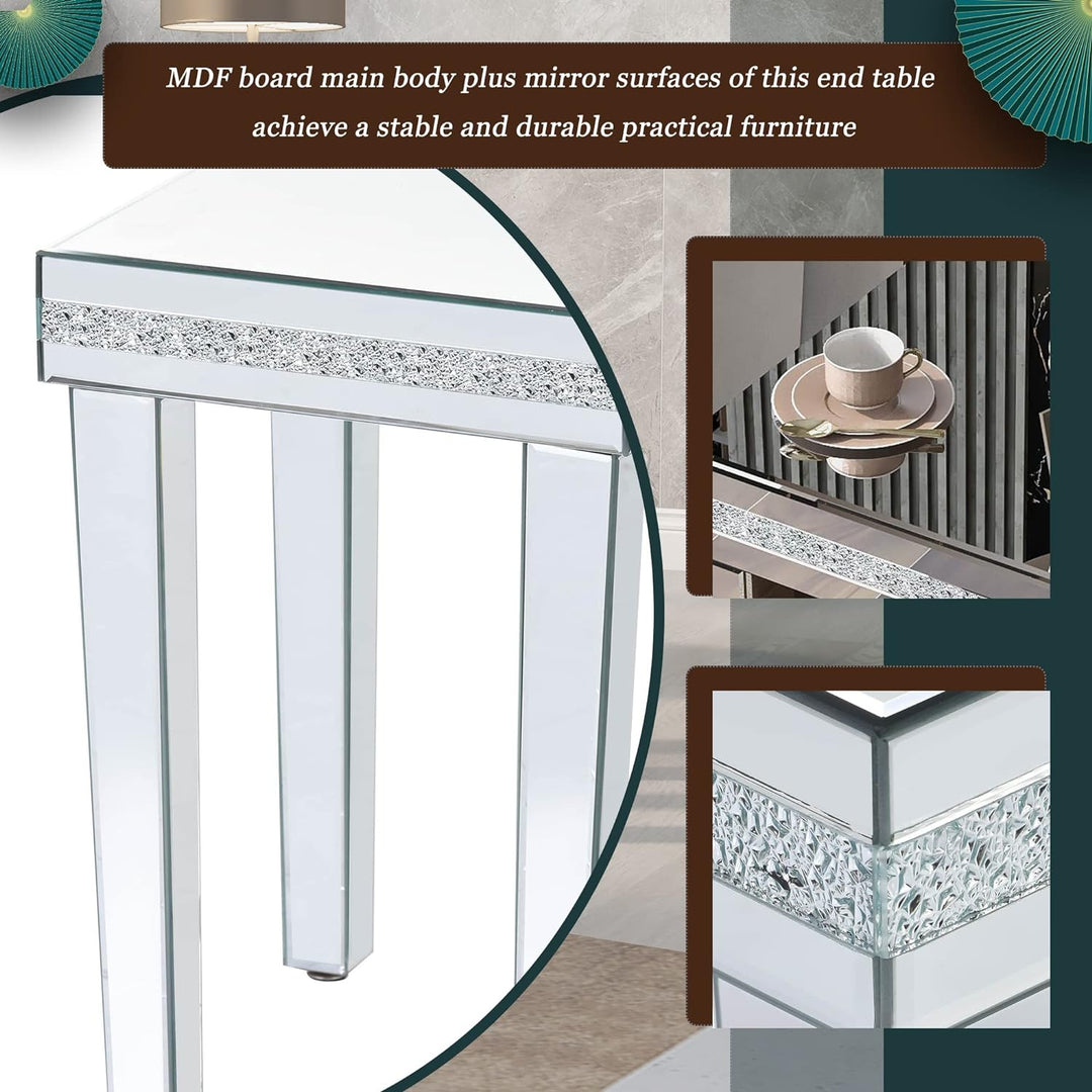 Modern Glass Mirrored Side Table with Crystal Design, Silver