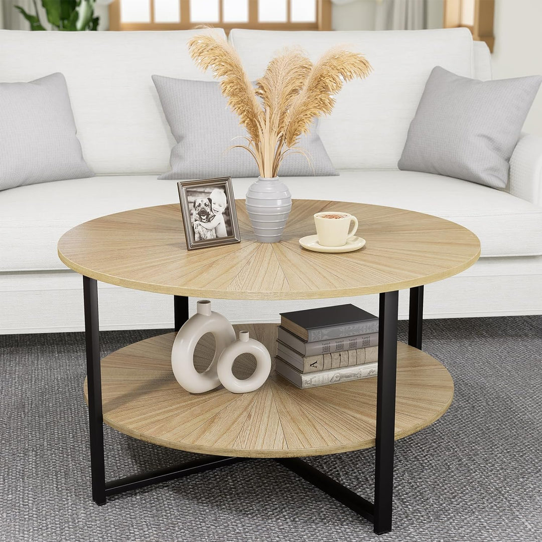 Round Wood Coffee Table with Storage Open Shelf, Light Brown