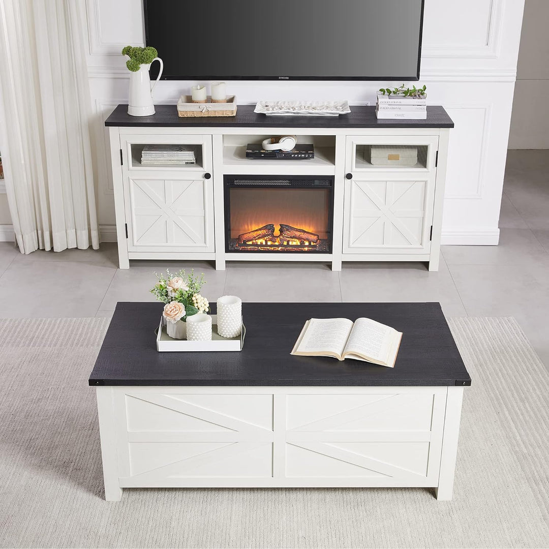 Farmhouse Coffee Table with Storage Drawers, Modern Center Table, White