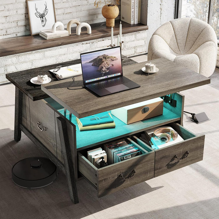 Bestier Lift Top Coffee Table w/ LED Lights, Storage, Dark Gray Oak