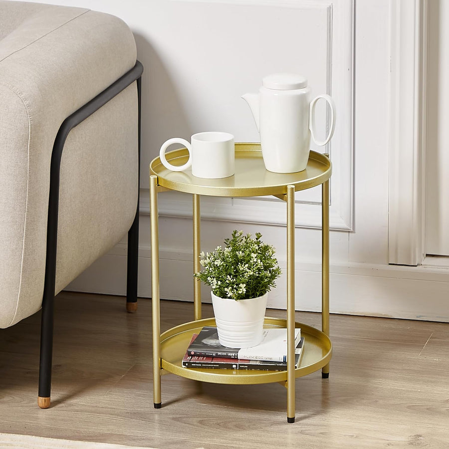 2 Tier Round Metal Side Table, Folding End Tables (Gold)