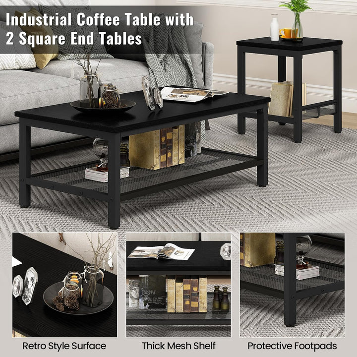 Stylish 3-Piece Living Room Table Set, Industrial Coffee Table, Black