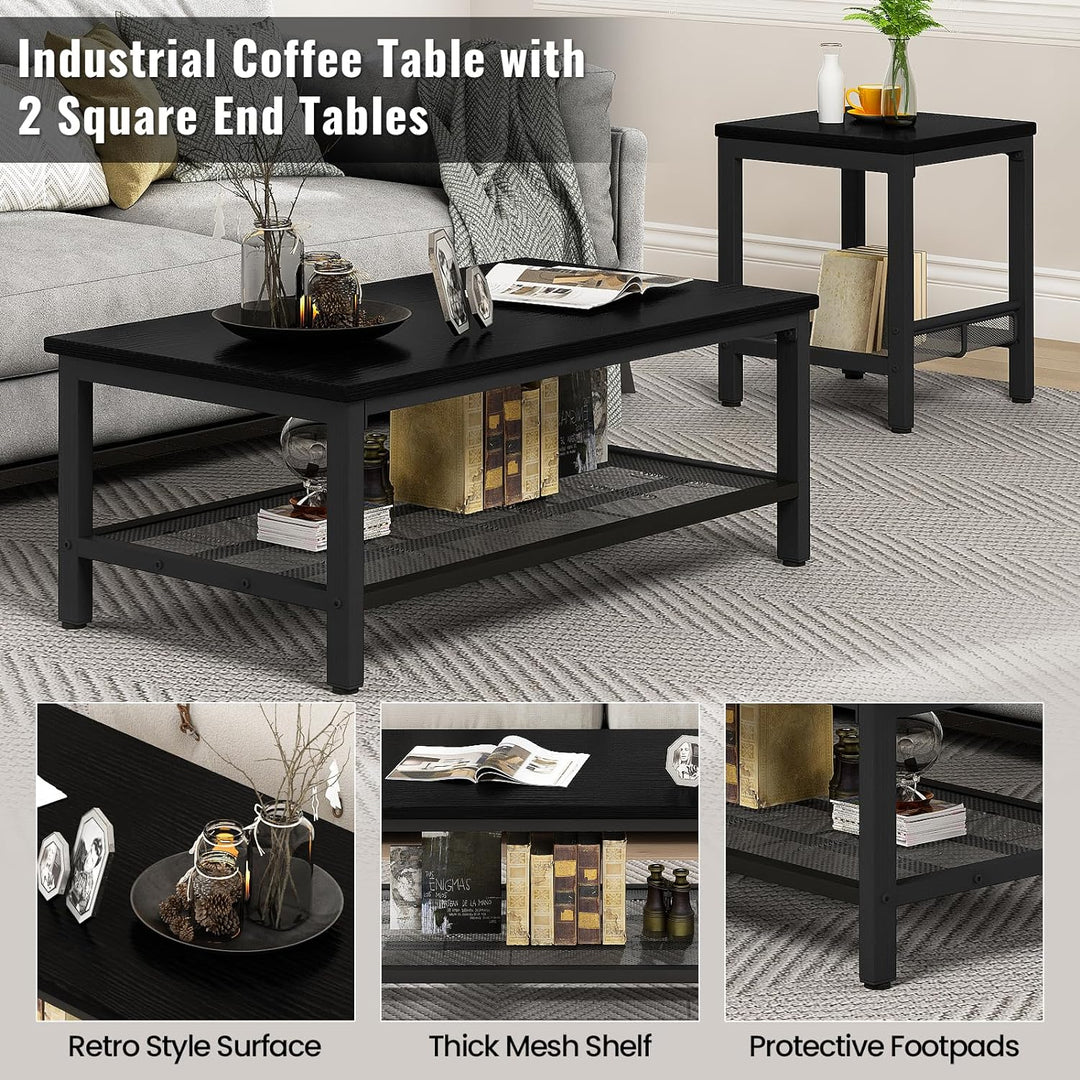 Stylish 3-Piece Coffee Table Set, Industrial Design, Black