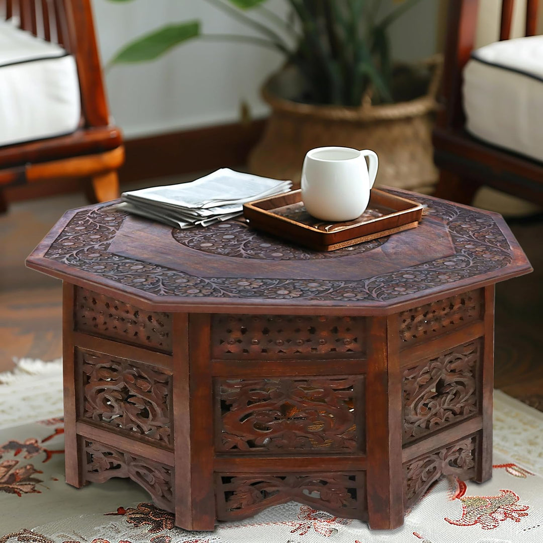 Solid Wood Coffee Table - Octagon 28x18 - Antique Dark Brown