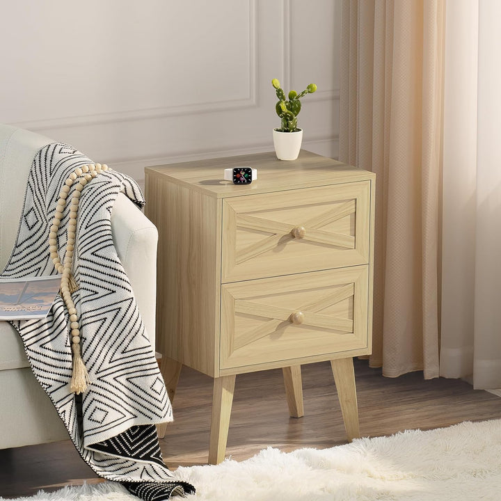 Nightstand Set of 2, Natural End Table with 2 Drawers