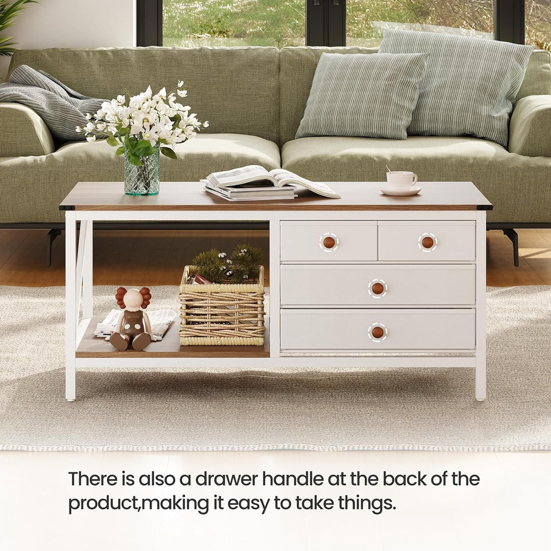 Farmhouse Coffee Table with Storage Drawers, White