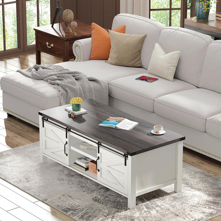 Farmhouse Coffee Table with Hidden Storage, Sliding Barn Doors, White Brown