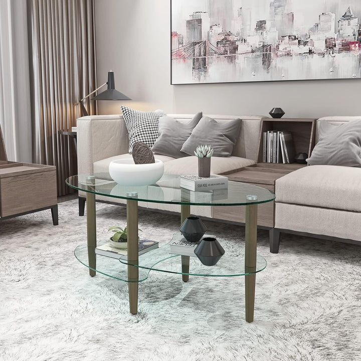 Elegant Oval Glass Coffee Table with Oak Wood Legs, Brown