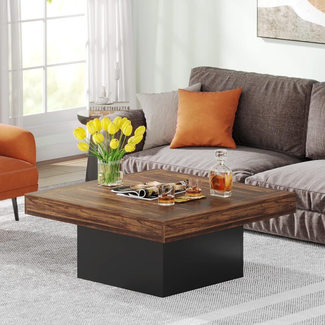 Tribesigns Square LED Coffee Table, Rustic Brown & Black