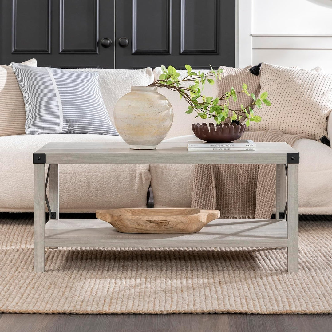 Sedalia Modern Farmhouse Metal X Coffee Table, Stone Grey