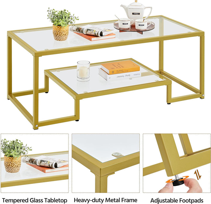 Yaheetech Gold Rectangular Glass Coffee Table for Living Room