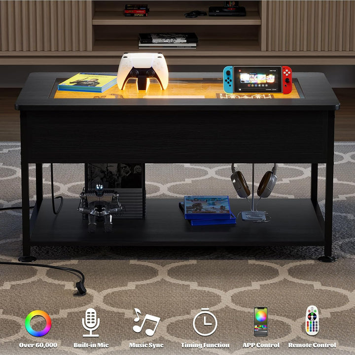 Stylish Glass Coffee Table with LED Lighting and Power Outlet, Black