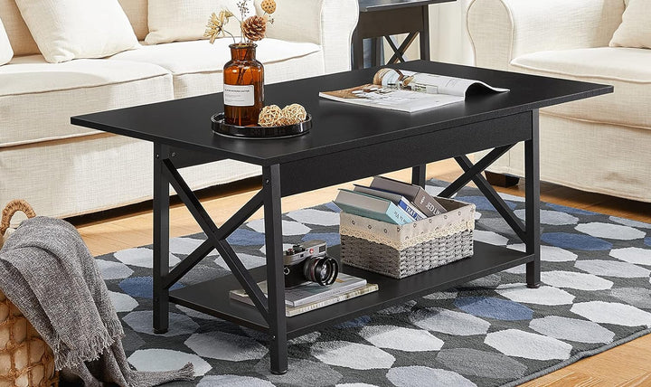 Elegant Coffee Table with Storage Shelf, Large Size, Black