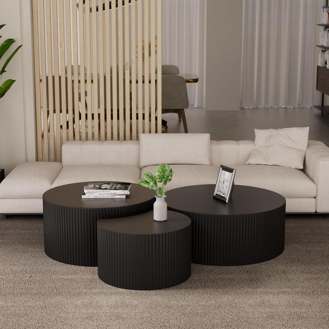 Stylish 3-Piece Black Round Coffee Table Set, 3,black