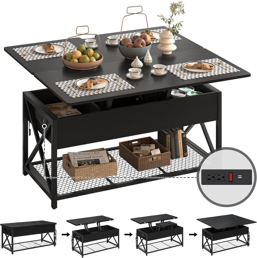 43" Lift Top Coffee Table, Charging Station, Converts to Dining, Black