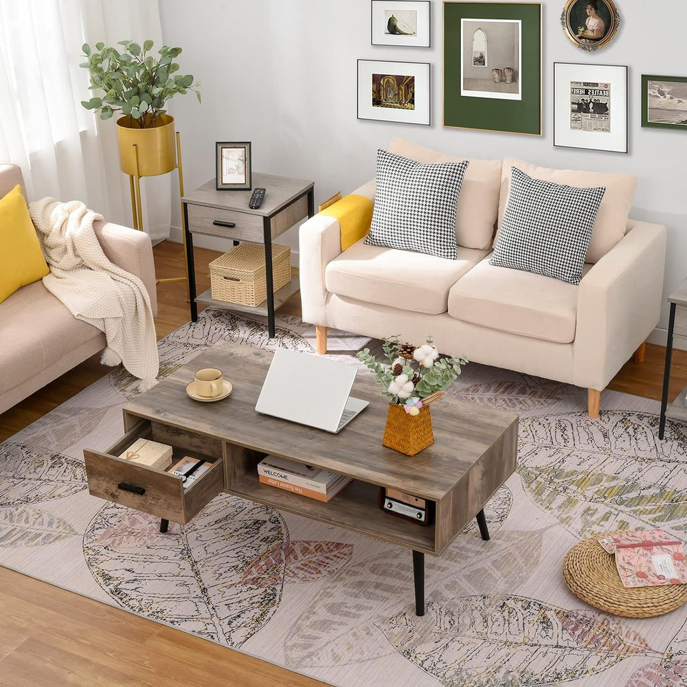 Rustic Oak Coffee Table with Storage, Drawer, and Shelf