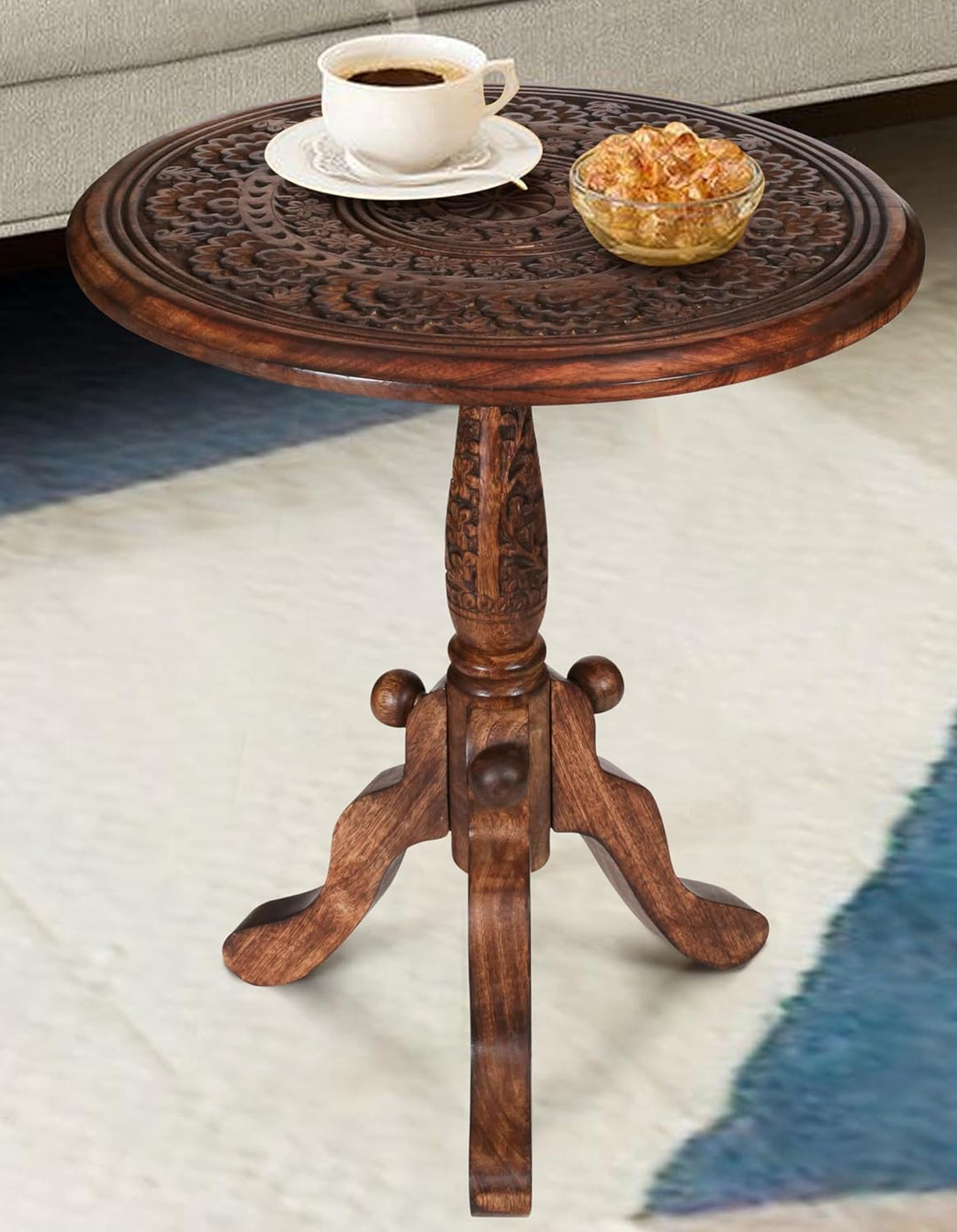 Round Carved Wood Accent Table with Pedestal Base