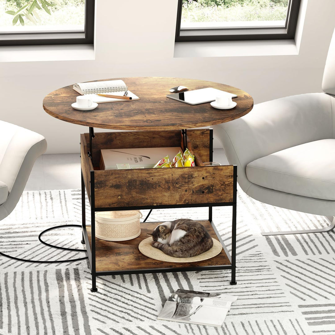 Modern Round Lift Top Coffee Table with Storage, Rustic Brown