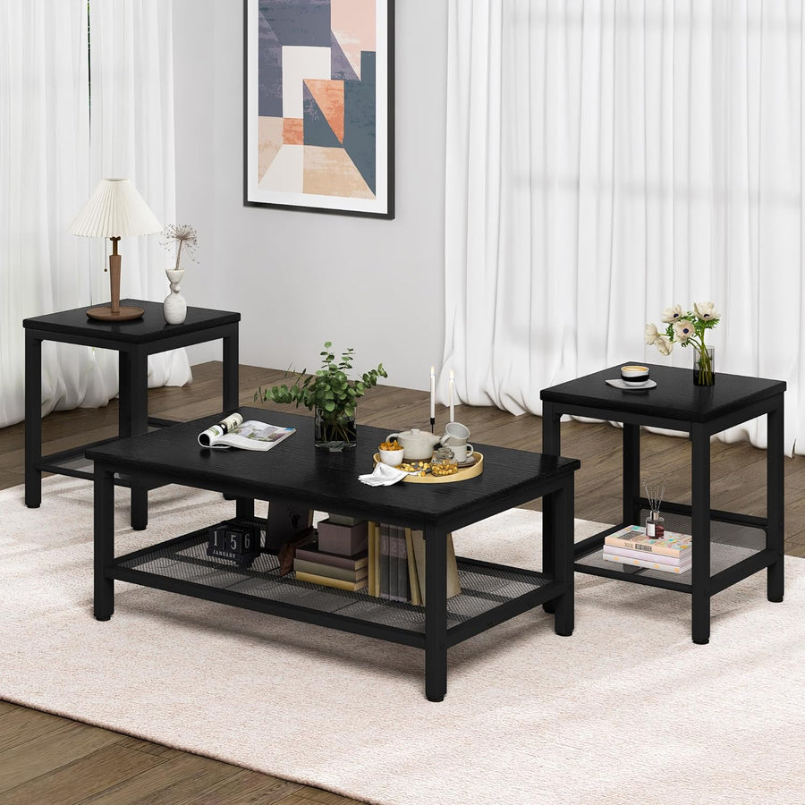 Stylish 3-Piece Living Room Table Set, Industrial Coffee Table, Black