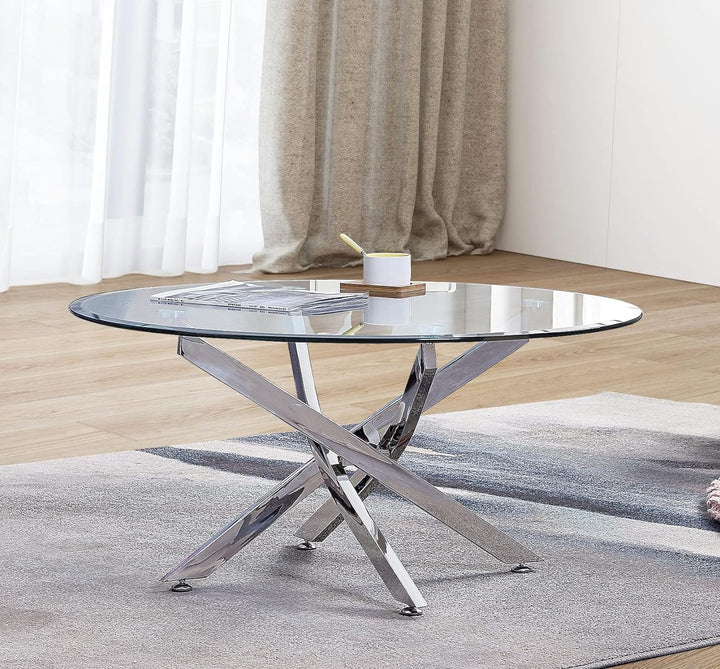 Pvillez Modern Glass Coffee Table, Round Center Table, Silver