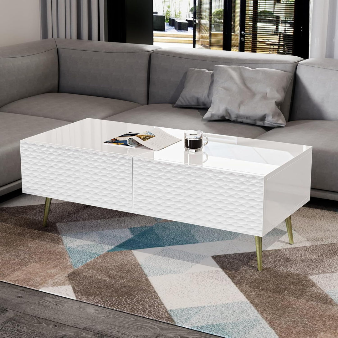 Modern Rectangular Coffee Table with Drawers, White