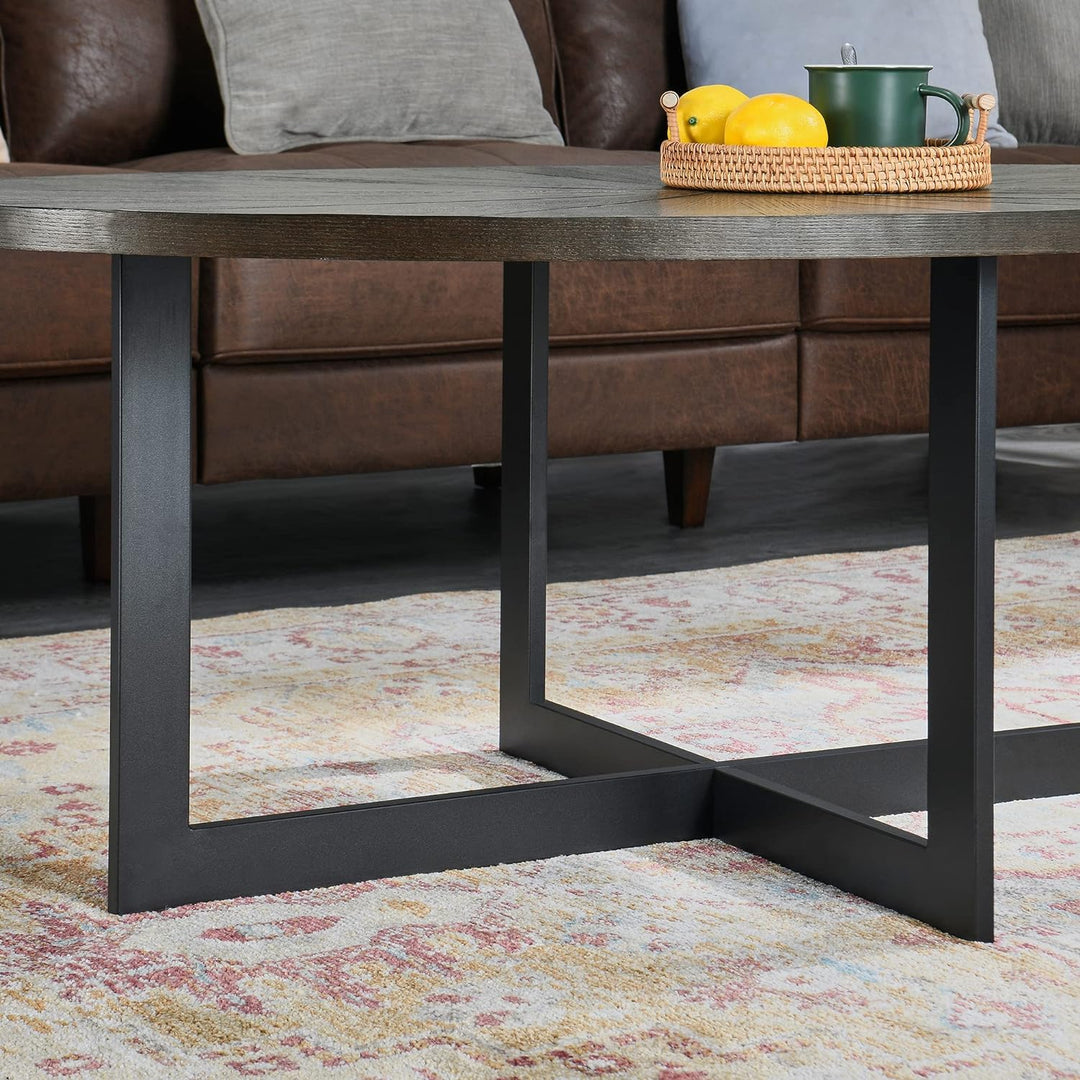 Solid Wood Oval Coffee Table with Cross Metal Legs, Black