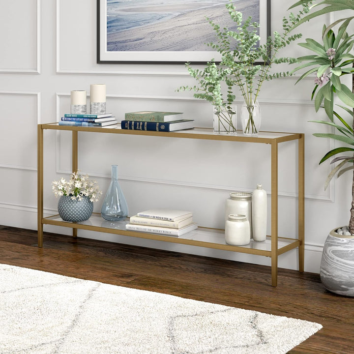 Rectangular Console Table with Glass Shelf, Brushed Brass