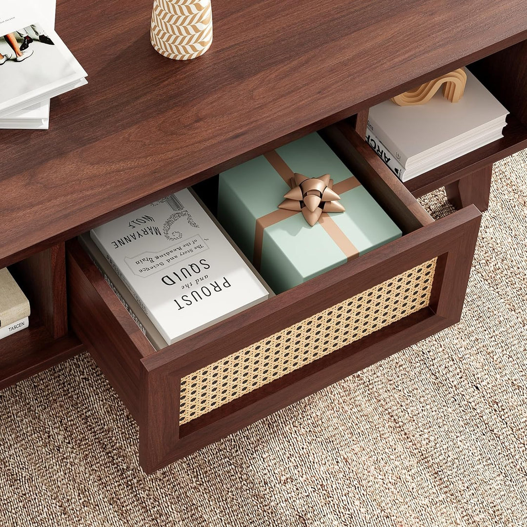 Coffee Table, Mid Century Modern Square with Rattan Drawer, Dark Walnut