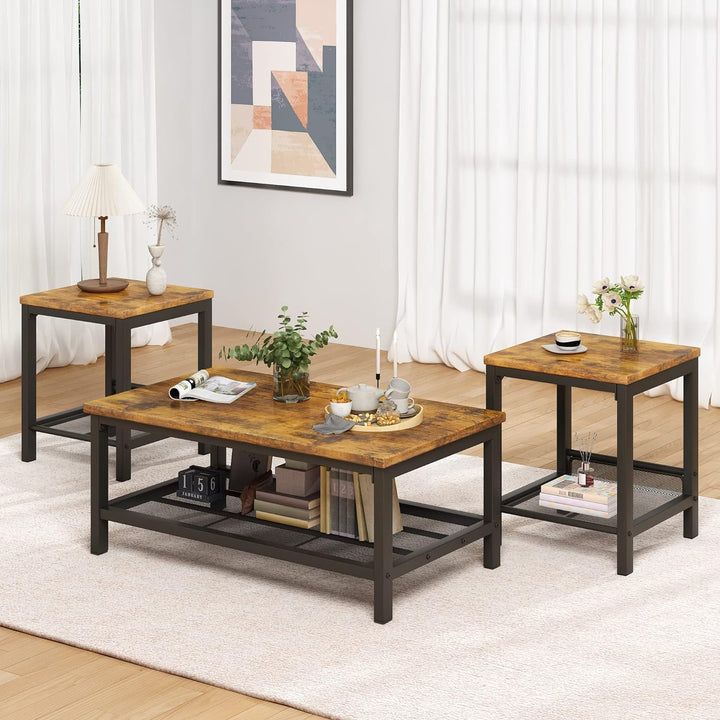 Rustic 3-Piece Living Room Table Set, Industrial Coffee Table with End Tables, Apartment Home Office Furniture, Rustic Brown