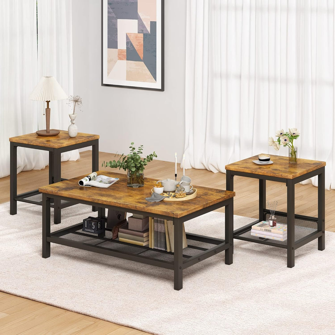 AWQM 3-Piece Coffee Table Set, Industrial Living Room Table, Rustic Brown