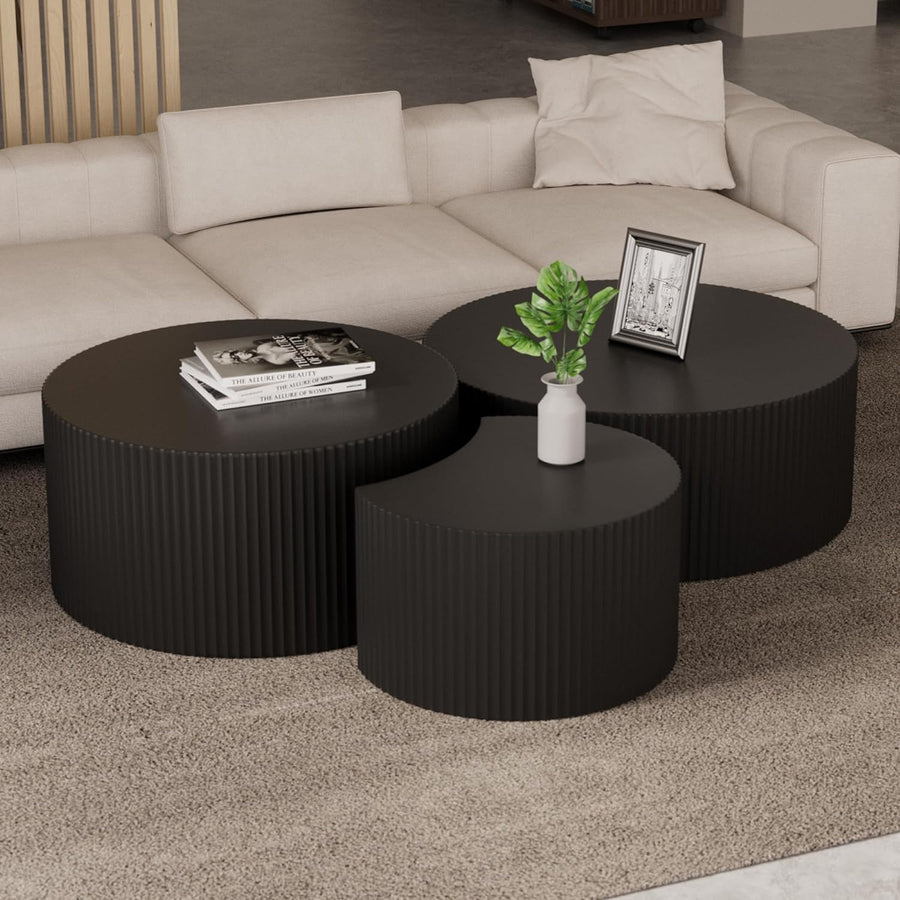 Stylish 3-Piece Black Round Coffee Table Set, 3,black