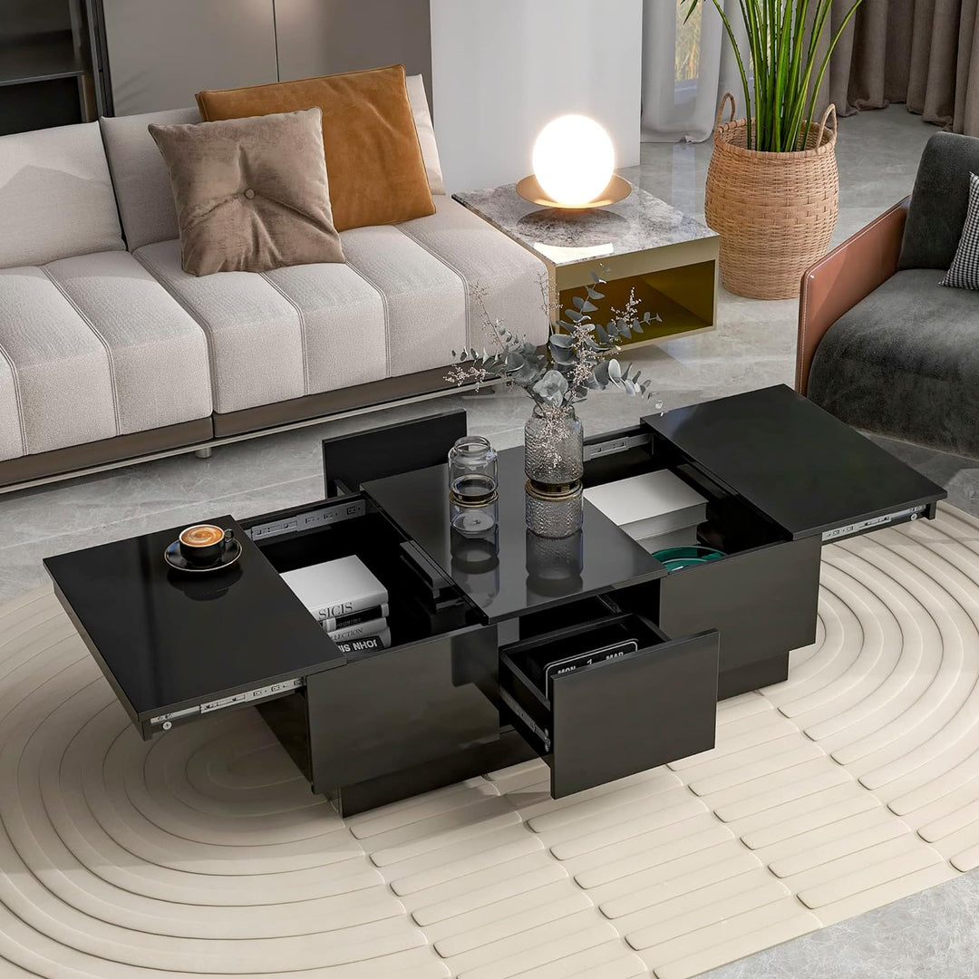 Multifunctional Extendable Coffee Table with Hidden Storage, Drawers, and Sliding Tabletop, Black